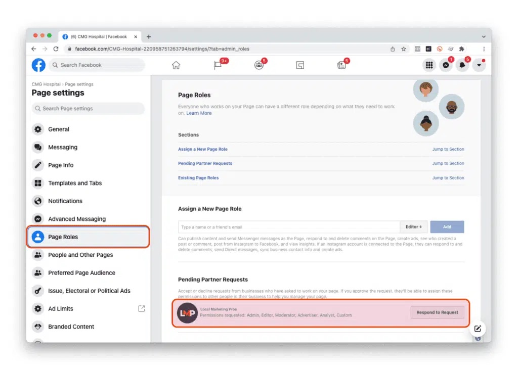 Facebook postavke stranice - Uloge stranice i zahtjevi partnera