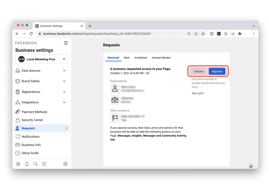Meta Business Manager - ekran Zahtjevi s gumbom Odobri