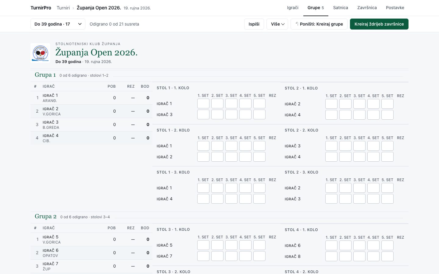 TurnirPro — grupe i raspored po stolovima