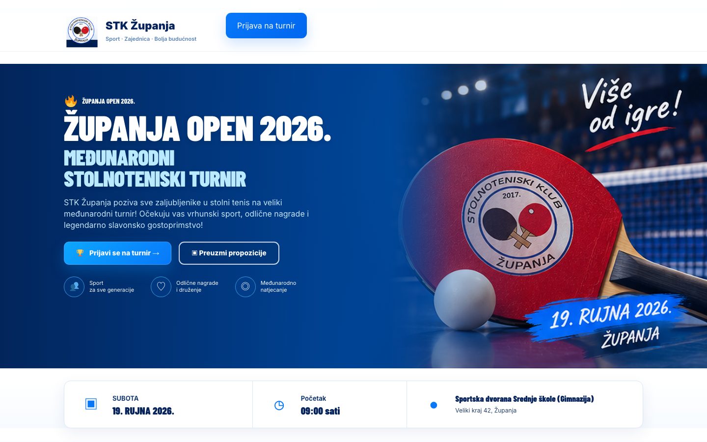 Stranica turnira Županja Open 2026 s prijavom